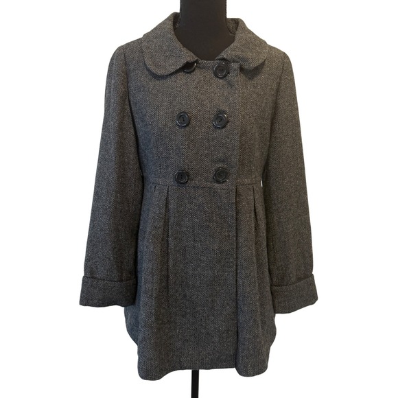 Vtg Forever 21 Womens Y2K Tweed Herringbone Double Breasted Pea Coat Jacket Sz M - Picture 1 of 7